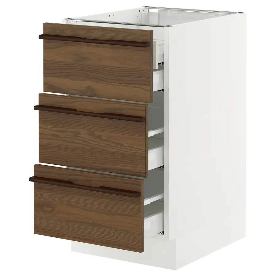 Base cabinet w 3 fronts/4 drawers, white/Stensta dark brown ash veneer
