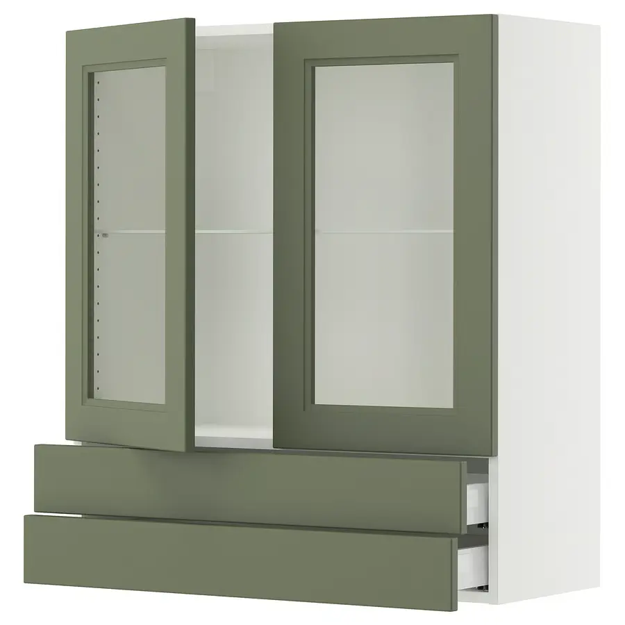 Wall cab w 2 glass doors/2 drawers, white/Axstad gray-green, 36x15x40 "