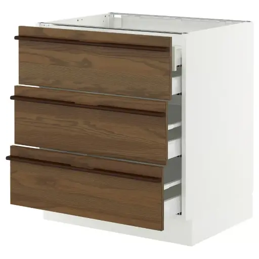 Base cabinet w 3 fronts/4 drawers, white/Stensta dark brown ash veneer