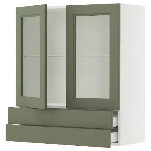 [W22GN36] Wall cab w 2 glass doors/2 drawers, white/Axstad gray-green, 36x15x40 "